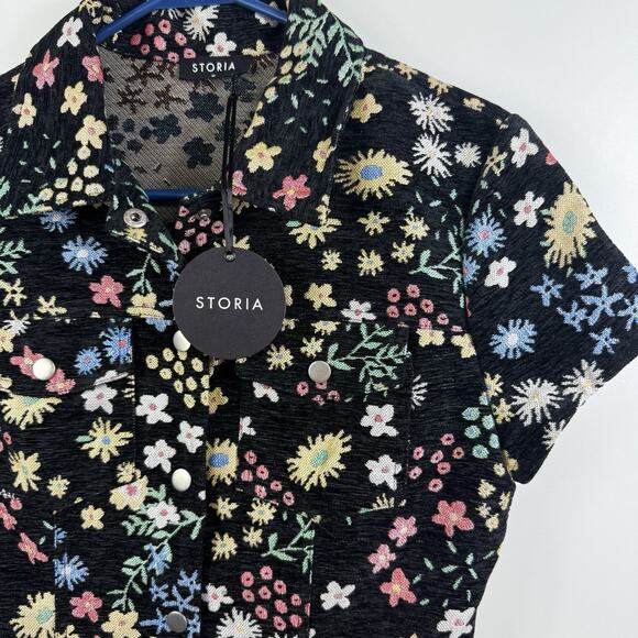 Storia New Black Floral Tapestry Mini Dress Medium Full Snap Dark Floral Retro - Picture 3 of 13